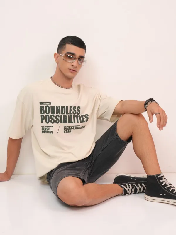 Highlander Men Cream Printed Round Neck T-Shirts