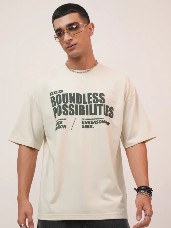  Highlander Men Cream Printed Round Neck T-Shirts
