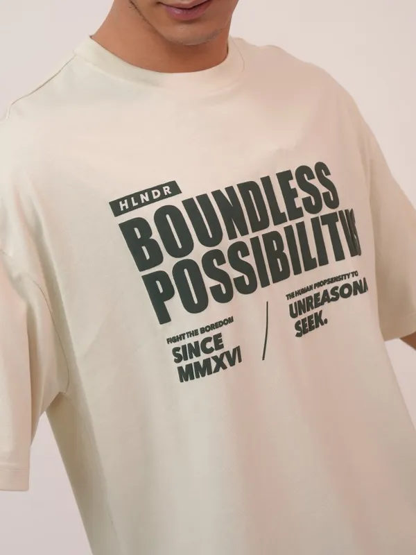  Highlander Men Cream Printed Round Neck T-Shirts
