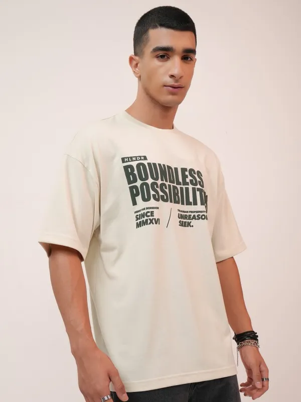  Highlander Men Cream Printed Round Neck T-Shirts