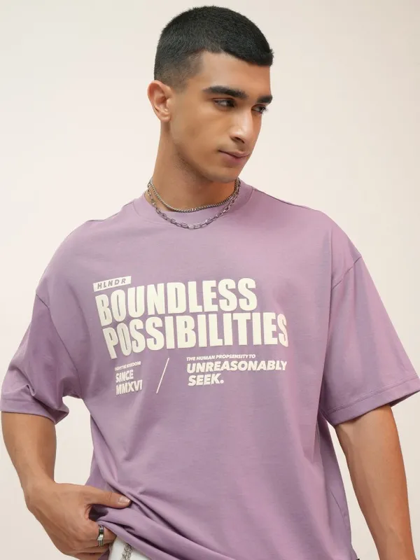 Highlander Men Mauve Printed Oversized Fit Round Neck T-Shirt