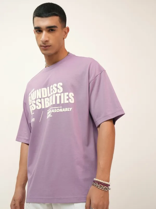Highlander Men Mauve Printed Oversized Fit Round Neck T-Shirt