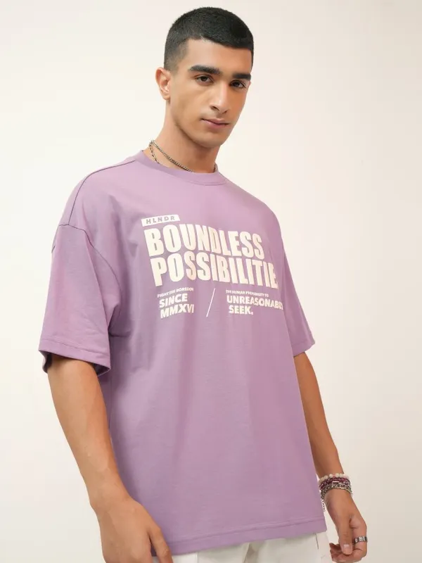 Highlander Men Mauve Printed Oversized Fit Round Neck T-Shirt