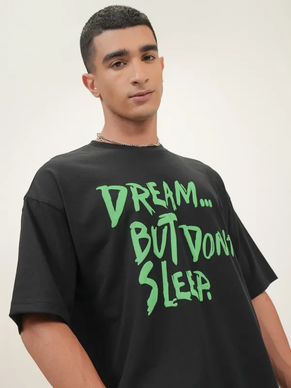 Highlander Men Black Printed Oversized Fit Round Neck T-Shirt
