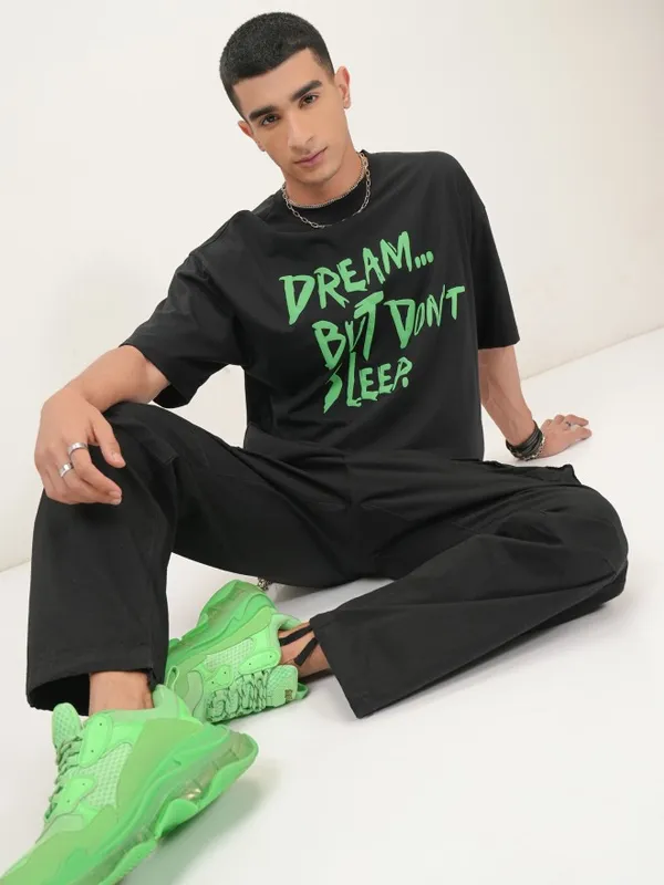 Highlander Men Black Printed Oversized Fit Round Neck T-Shirt