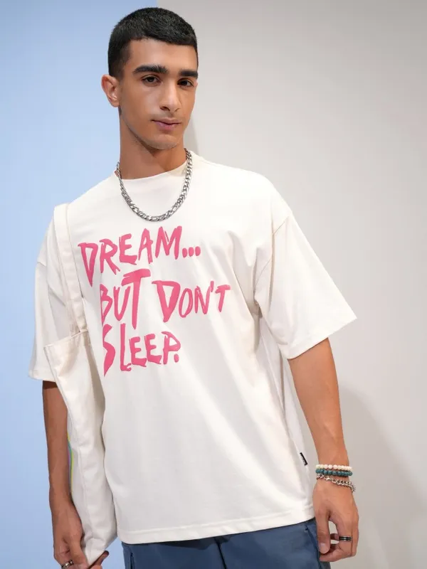 Highlander Men Off White Printed Oversized Fit Round Neck T-Shirt
