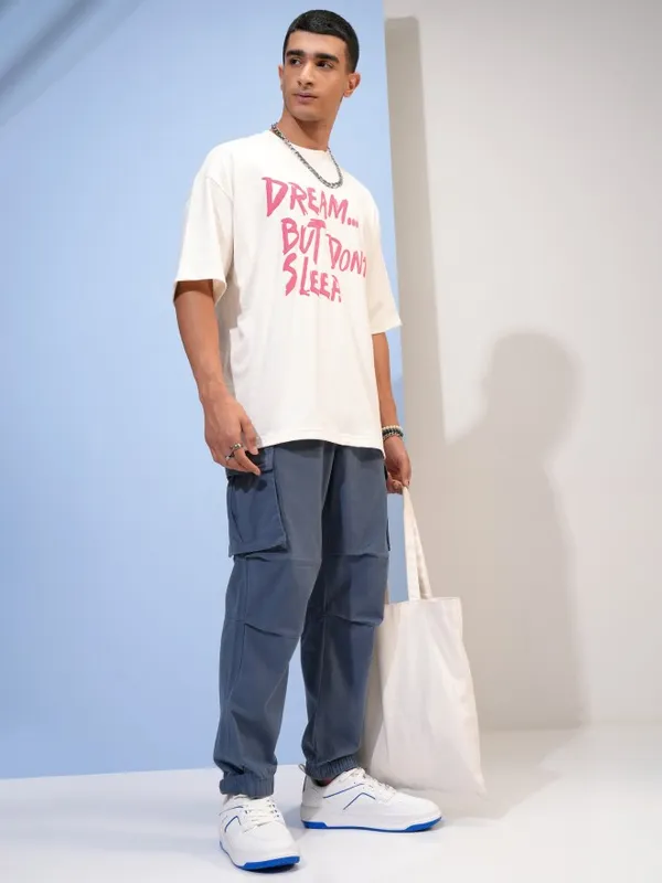 Highlander Men Off White Printed Oversized Fit Round Neck T-Shirt
