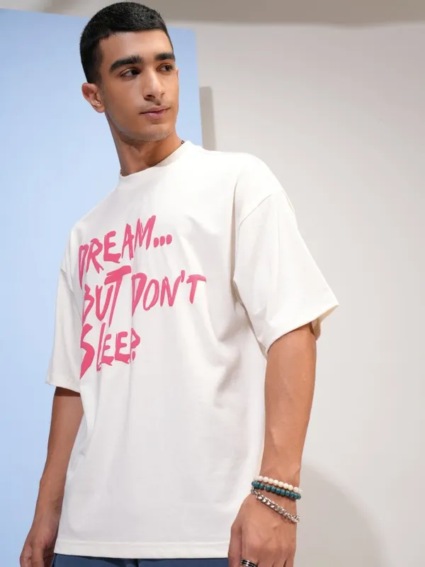 Highlander Men Off White Printed Oversized Fit Round Neck T-Shirt