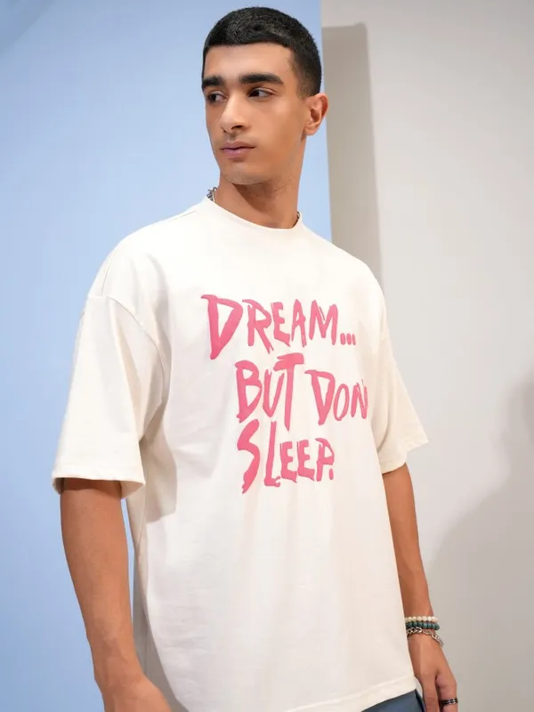Highlander Men Off White Printed Oversized Fit Round Neck T-Shirt