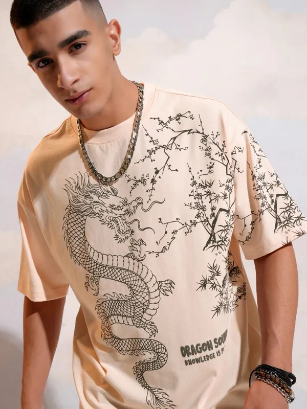Highlander Men Peach Printed Round Neck T-Shirt