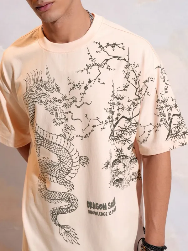 Highlander Men Peach Printed Round Neck T-Shirt