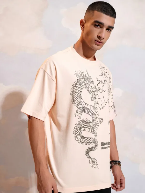Highlander Men Peach Printed Round Neck T-Shirt