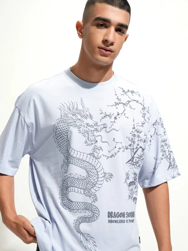 Highlander Men Blue Printed Round Neck Oversized Fit T-Shirt