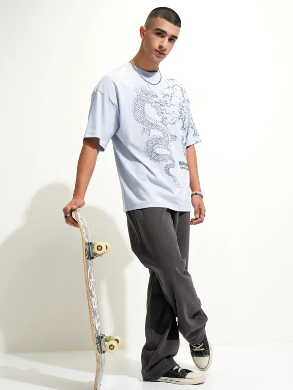 Highlander Men Blue Printed Round Neck Oversized Fit T-Shirt