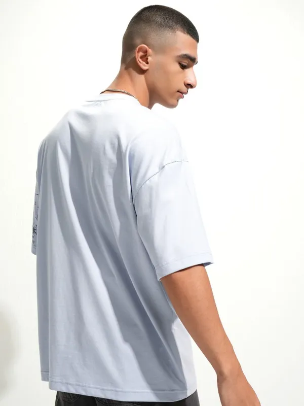 Highlander Men Blue Printed Round Neck Oversized Fit T-Shirt