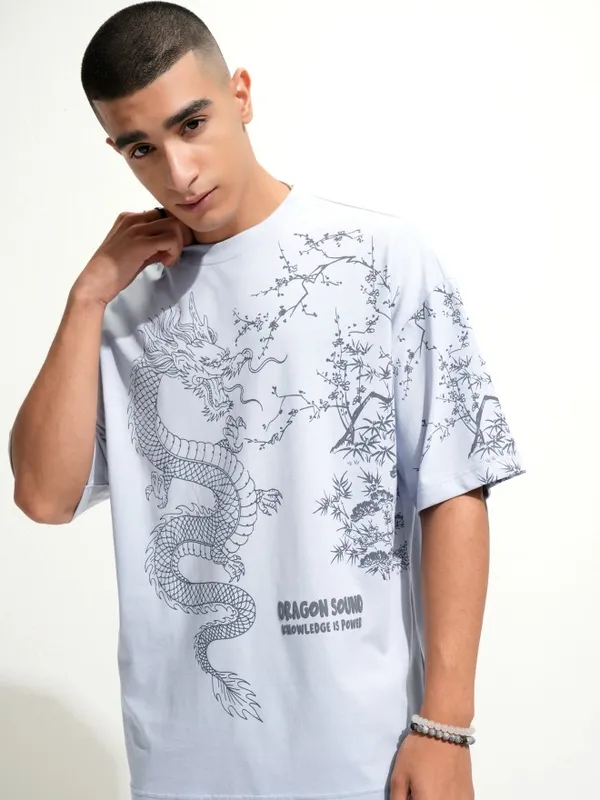 Highlander Men Blue Printed Round Neck Oversized Fit T-Shirt