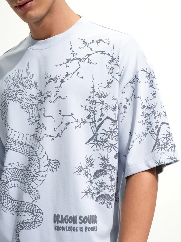 Highlander Men Blue Printed Round Neck Oversized Fit T-Shirt