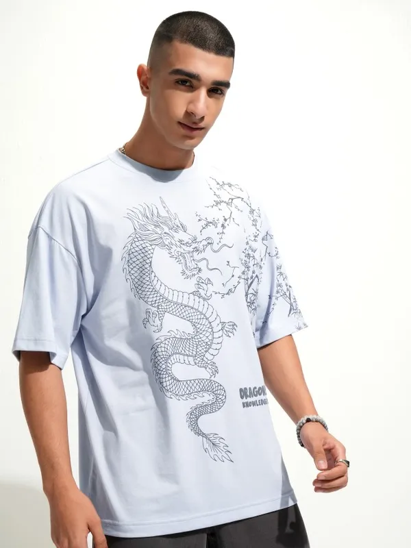 Highlander Men Blue Printed Round Neck Oversized Fit T-Shirt