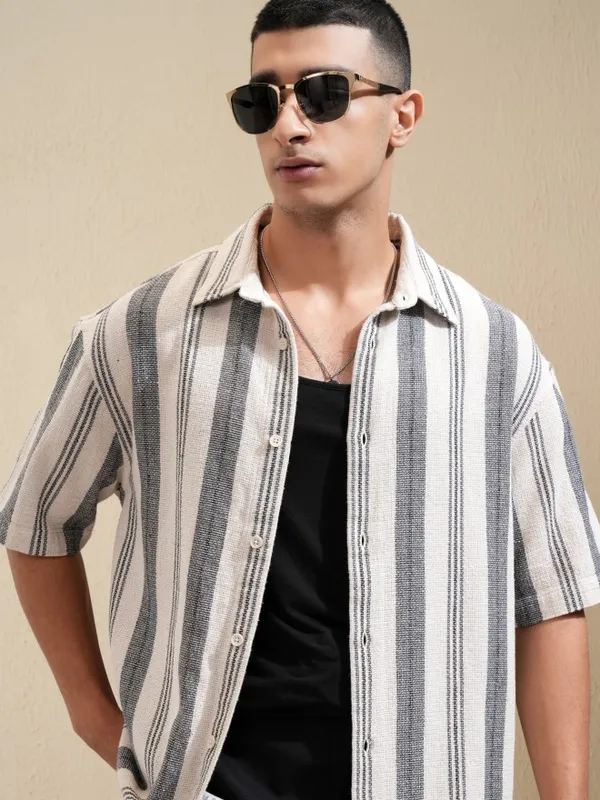 Highlander Men Cream Striped Oversized Fit Casual Shirt