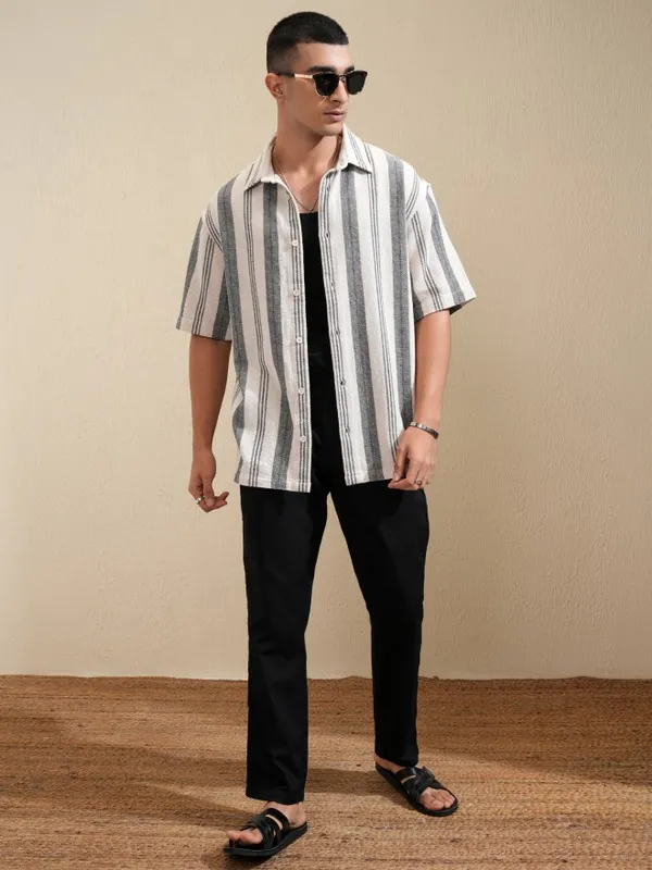 Highlander Men Cream Striped Oversized Fit Casual Shirt