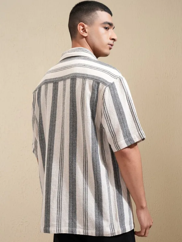 Highlander Men Cream Striped Oversized Fit Casual Shirt