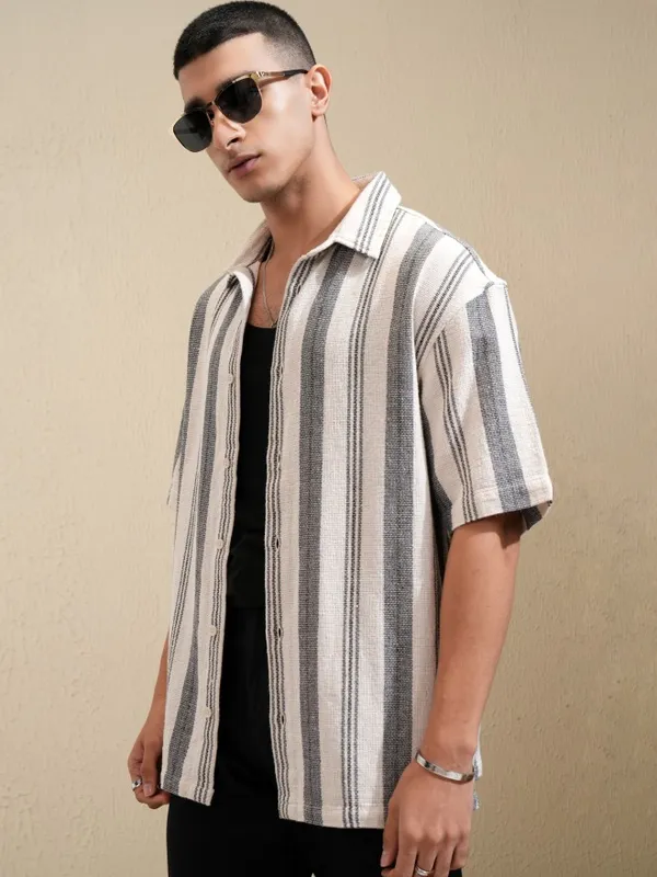 Highlander Men Cream Striped Oversized Fit Casual Shirt