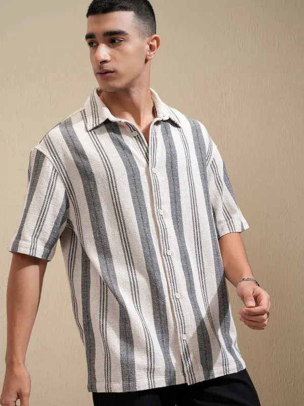 Highlander Men Cream Striped Oversized Fit Casual Shirt