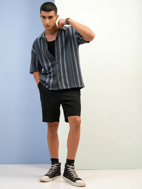  Highlander Men Black Striped Oversized Fit Casual Shirts