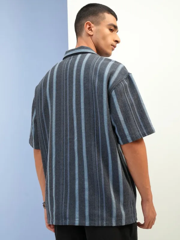  Highlander Men Black Striped Oversized Fit Casual Shirts