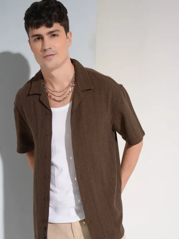 Highlander Men Brown Self Design Oversized Fit Casual Shirt
