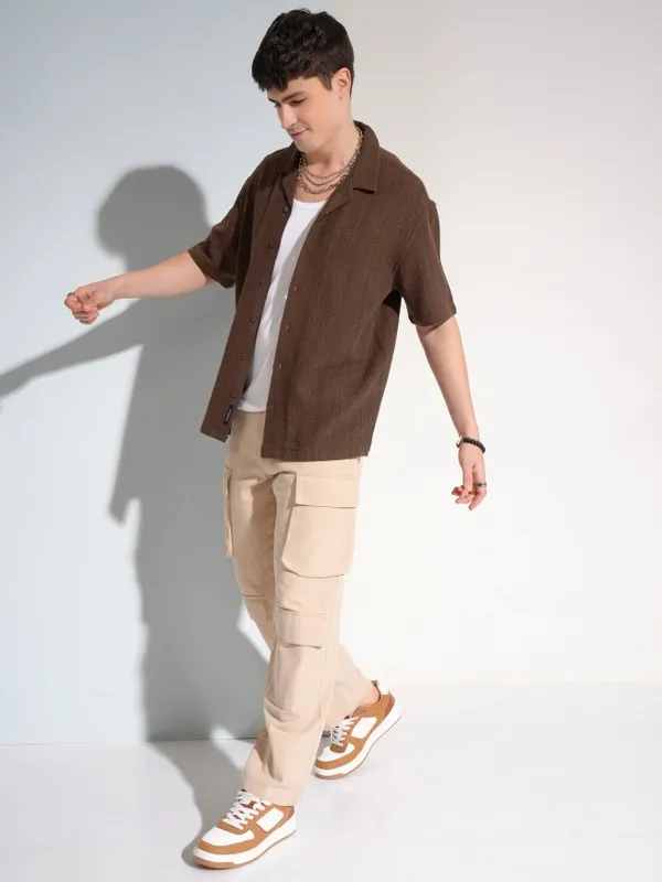 Highlander Men Brown Self Design Oversized Fit Casual Shirt