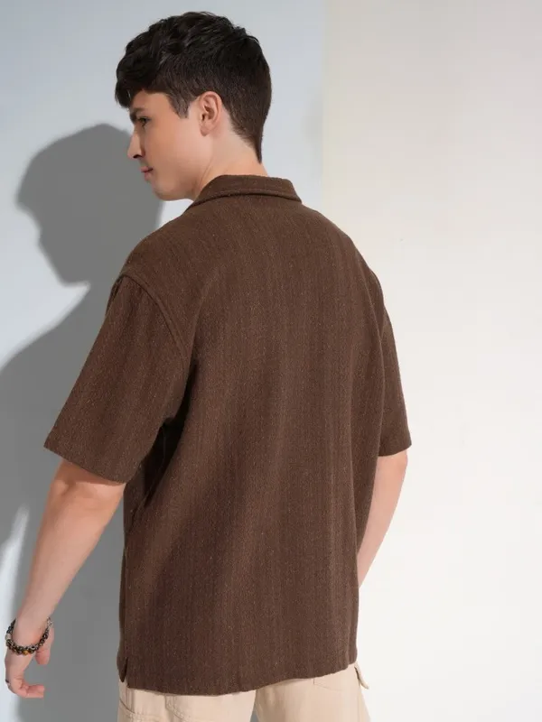 Highlander Men Brown Self Design Oversized Fit Casual Shirt