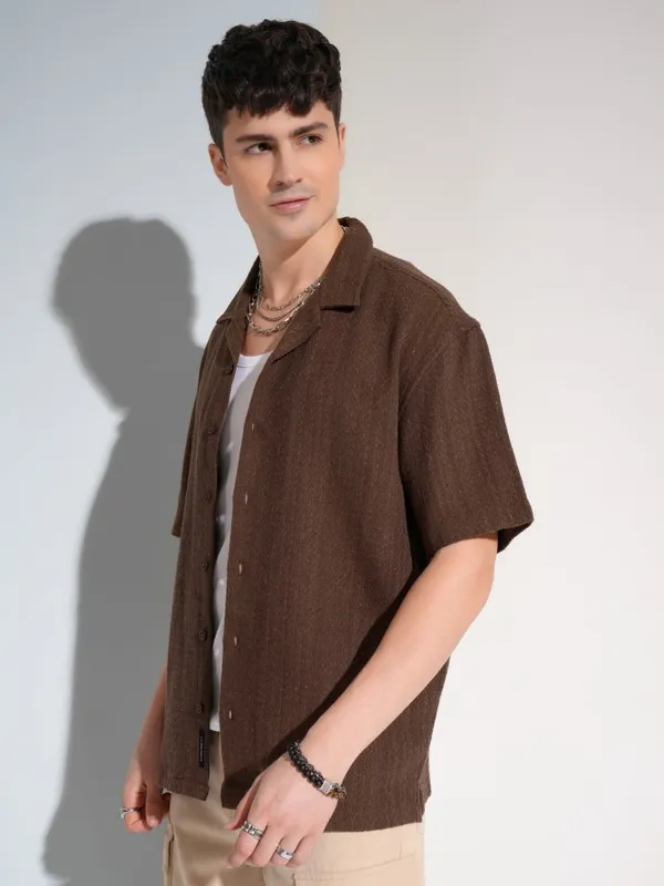Highlander Men Brown Self Design Oversized Fit Casual Shirt