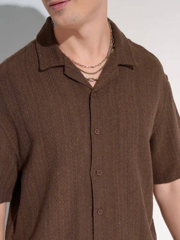 Highlander Men Brown Self Design Oversized Fit Casual Shirt