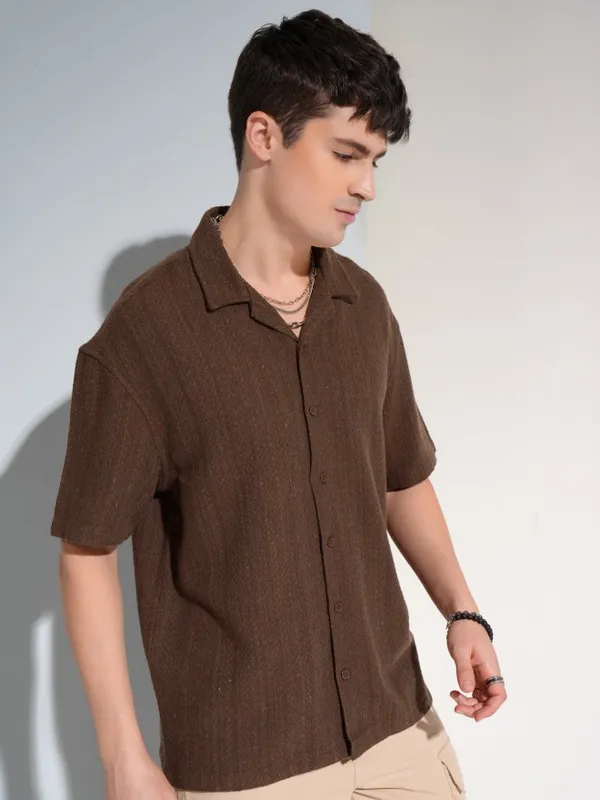 Highlander Men Brown Self Design Oversized Fit Casual Shirt