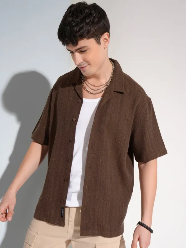 Highlander Men Brown Self Design Oversized Fit Casual Shirt