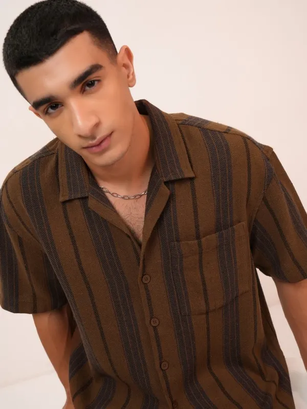  Highlander Men Brown Striped Oversized Fit Casual Shirts