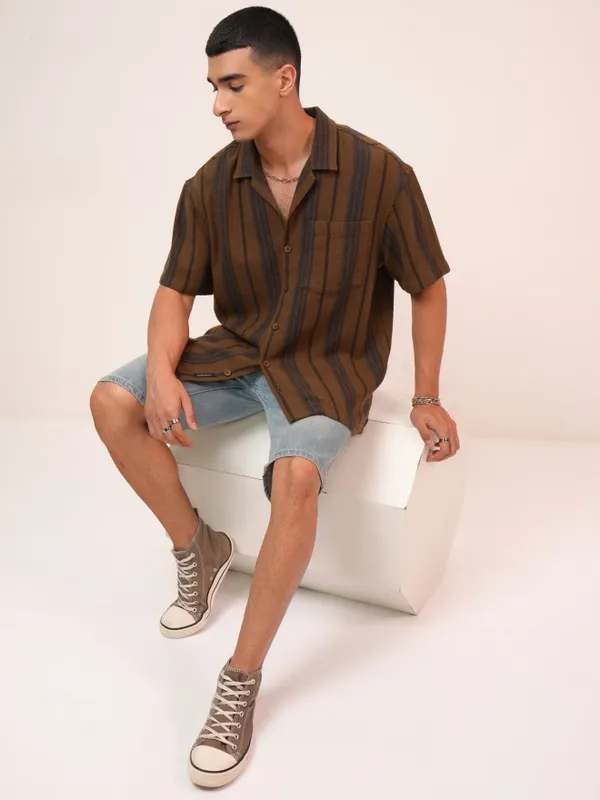  Highlander Men Brown Striped Oversized Fit Casual Shirts