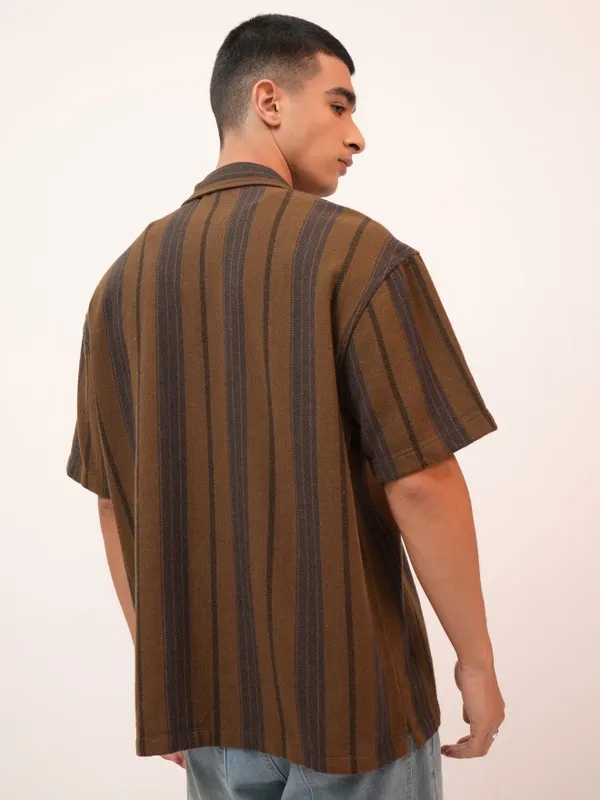 Highlander Men Brown Striped Oversized Fit Casual Shirts
