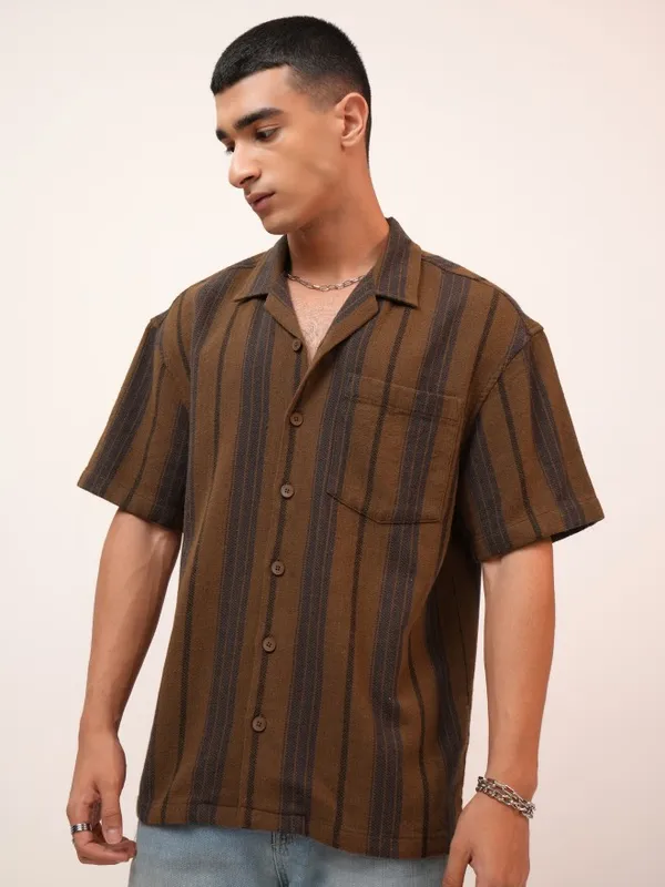  Highlander Men Brown Striped Oversized Fit Casual Shirts