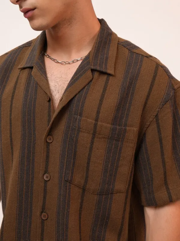  Highlander Men Brown Striped Oversized Fit Casual Shirts