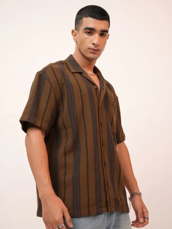  Highlander Men Brown Striped Oversized Fit Casual Shirts