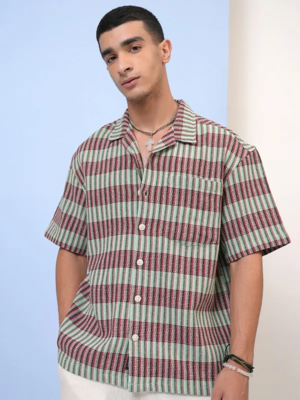  Highlander Men Green Striped Oversized Fit Casual Shirts