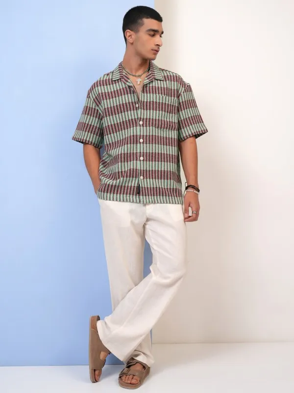  Highlander Men Green Striped Oversized Fit Casual Shirts