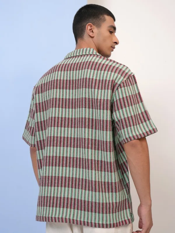  Highlander Men Green Striped Oversized Fit Casual Shirts