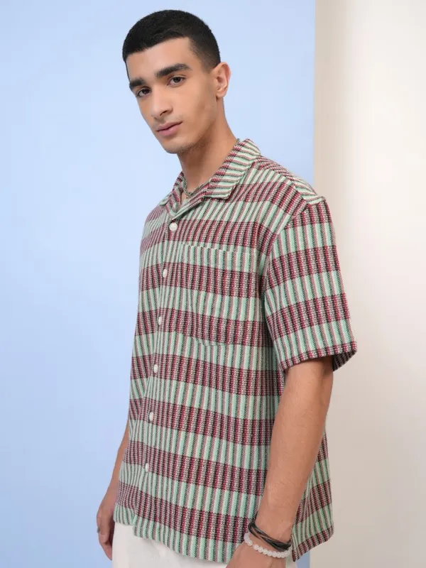  Highlander Men Green Striped Oversized Fit Casual Shirts