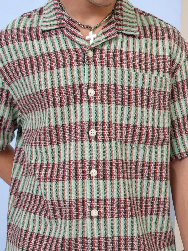  Highlander Men Green Striped Oversized Fit Casual Shirts