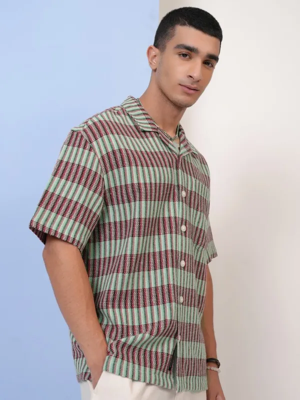  Highlander Men Green Striped Oversized Fit Casual Shirts