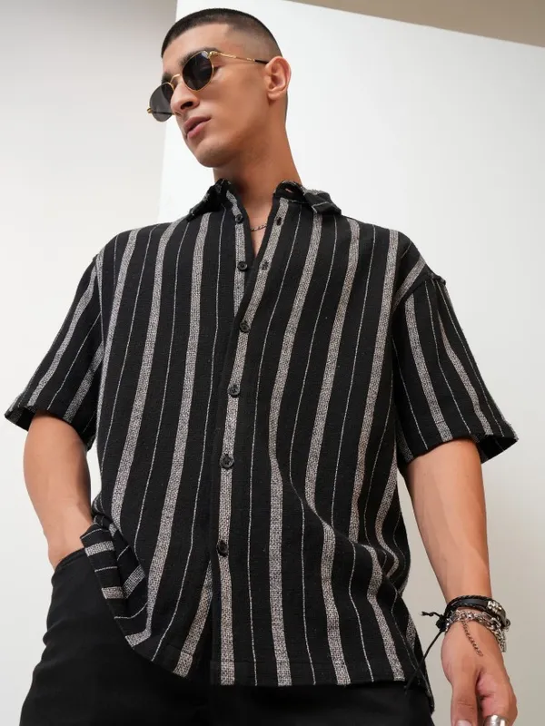  Highlander Men Black Striped Oversized Fit Casual Shirts