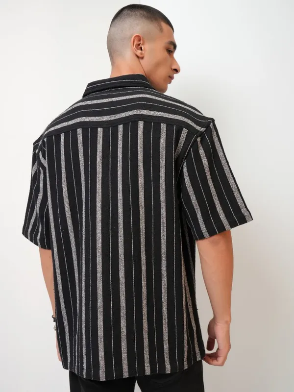  Highlander Men Black Striped Oversized Fit Casual Shirts